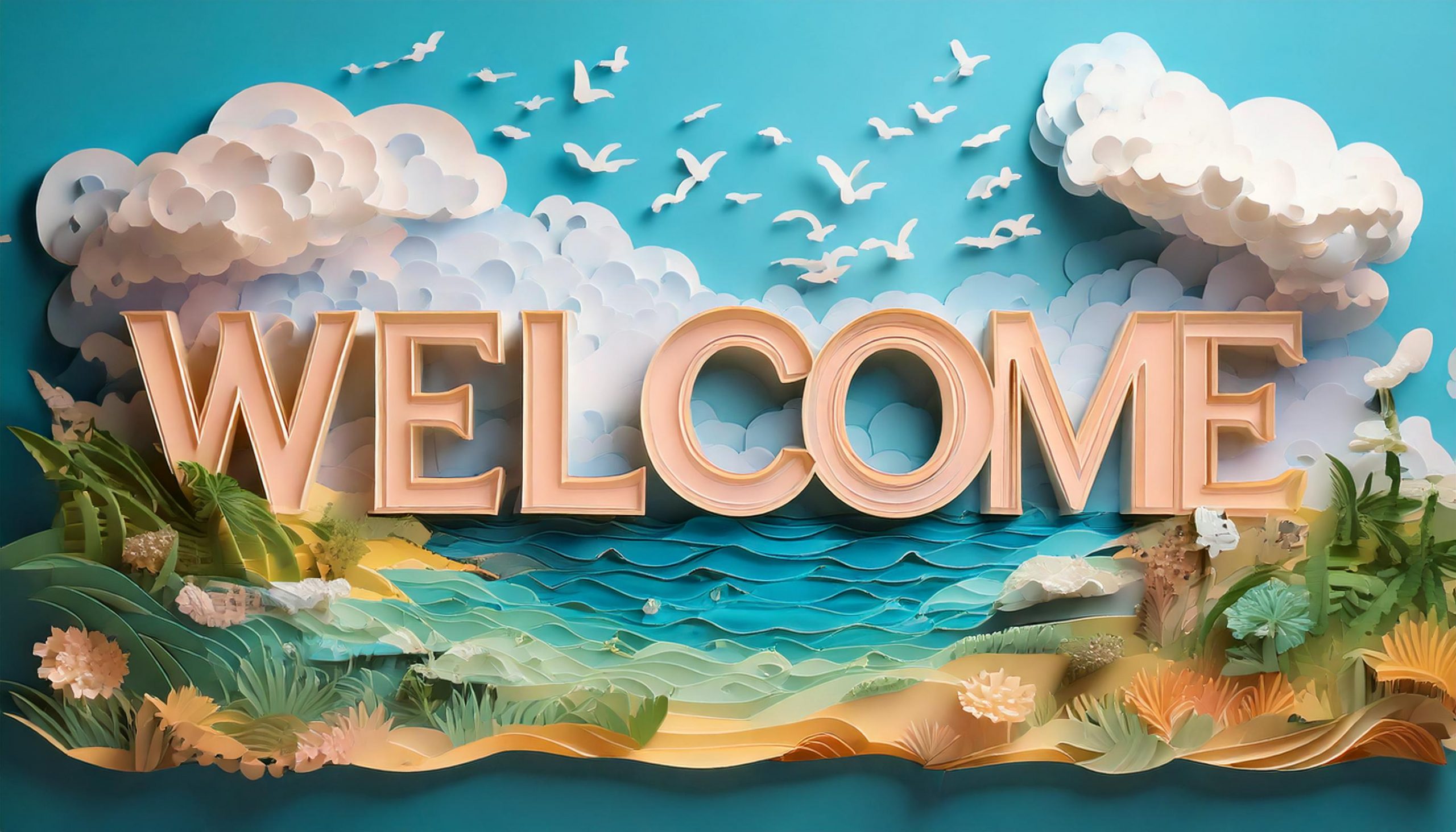 Eine Illustration, die das Wort "Welcome" zeigt. Das Wort wirkt wie aus Papier ausgeschnitten und ist in eine Ostsee-Umgebung eingebettet.