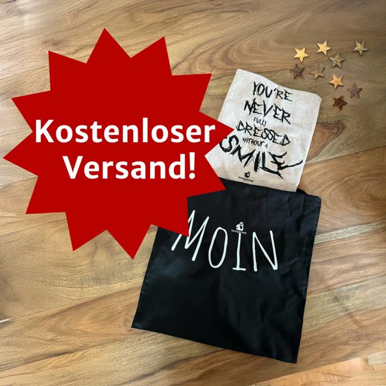 Ein Shirt in einem Beute verpackt mit einer großen Überschrift: "Kostenloser Versand!"